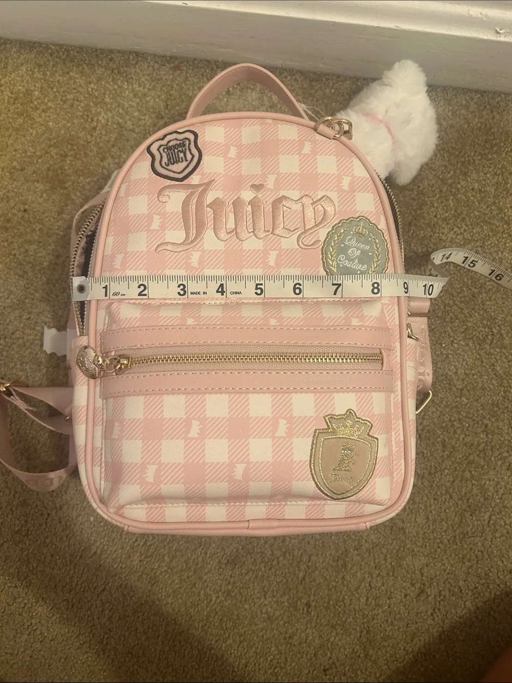 Juicy Couture Pink Gingham Mini Backpack with Fluffy Pom Charm